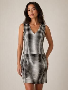 Eddie Bauer Wool Blend Houndstooth Black Cream Sleeveless Dress M Classic Chic